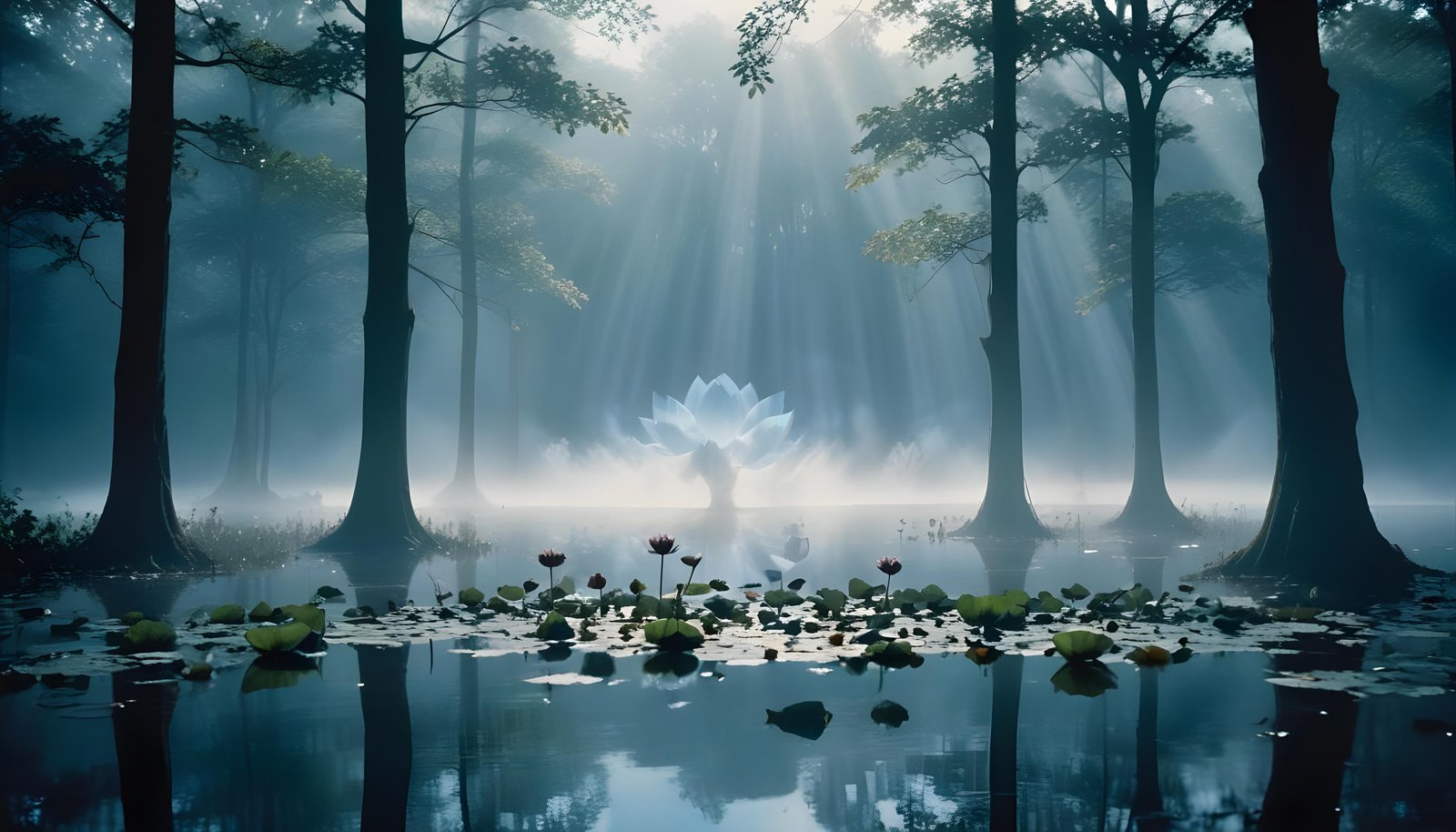 Mystical Lotus Flower on Serene Lake with Foggy Forest Landscape Background