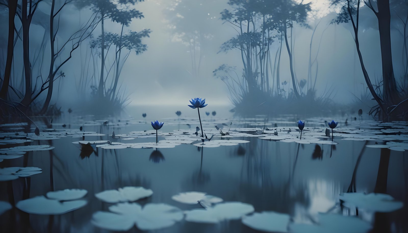 Mystical Lotus Flower on Serene Lake with Foggy Forest Landscape Background