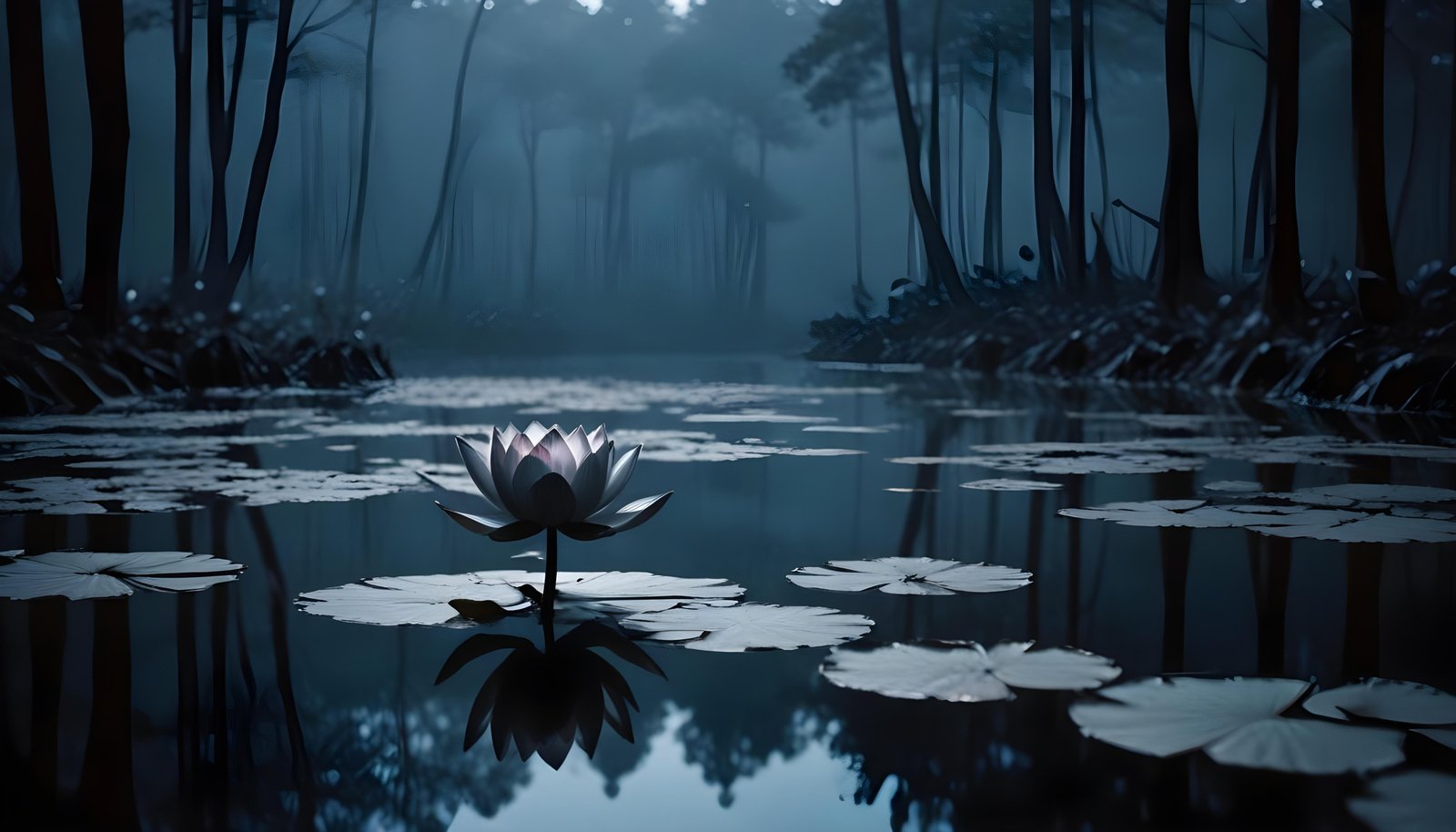 Mystical Lotus Flower on Serene Lake with Foggy Forest Landscape Background