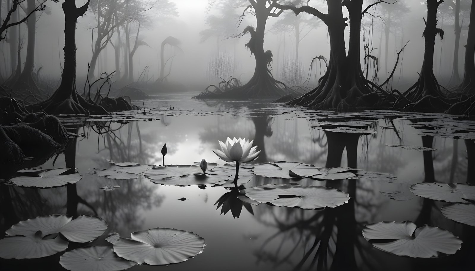 Mystical Lotus Flower on Serene Lake with Foggy Forest Landscape Background