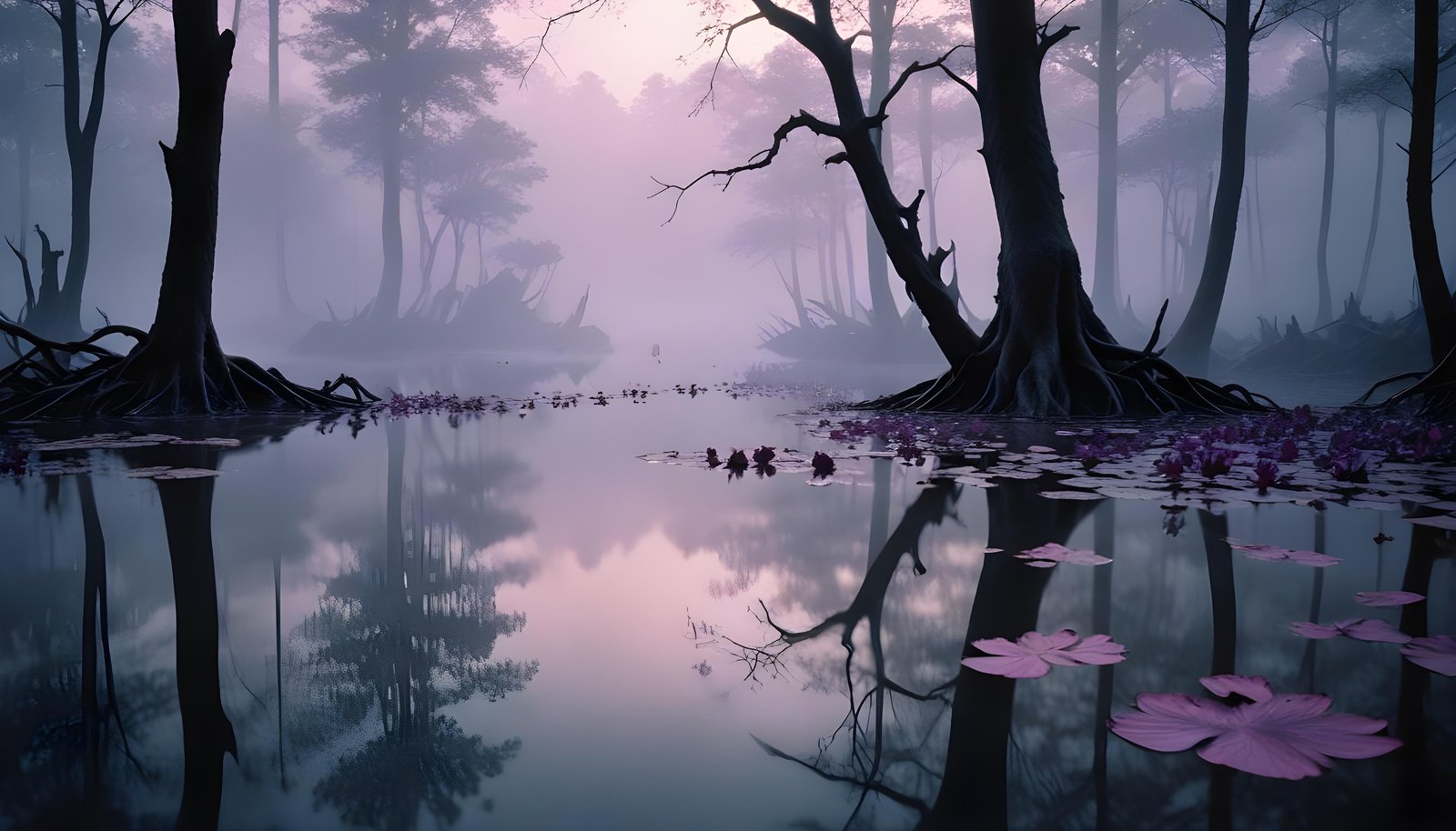 Mystical Lotus Flower on Serene Lake with Foggy Forest Landscape Background
