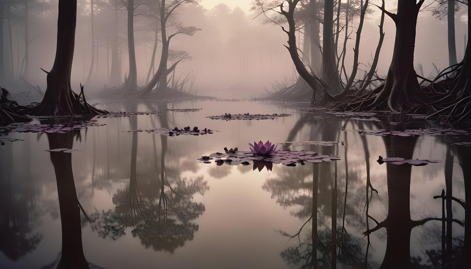 Mystical Lotus Flower on Serene Lake with Foggy Forest Landscape Background