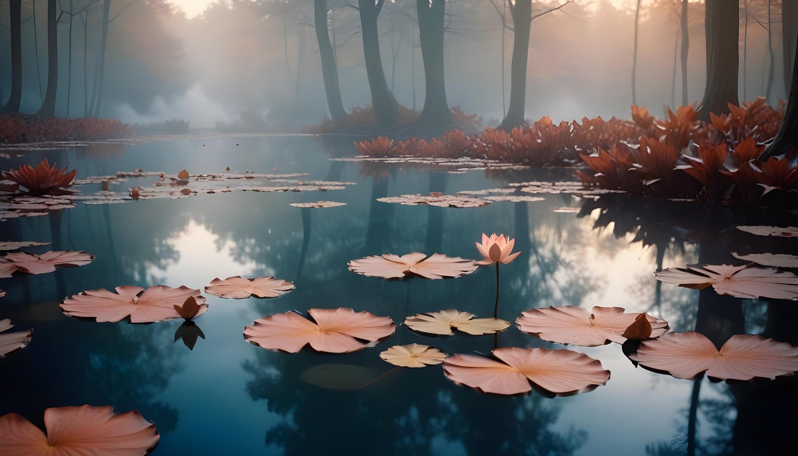 Mystical Lotus Flower on Serene Lake with Foggy Forest Landscape Background