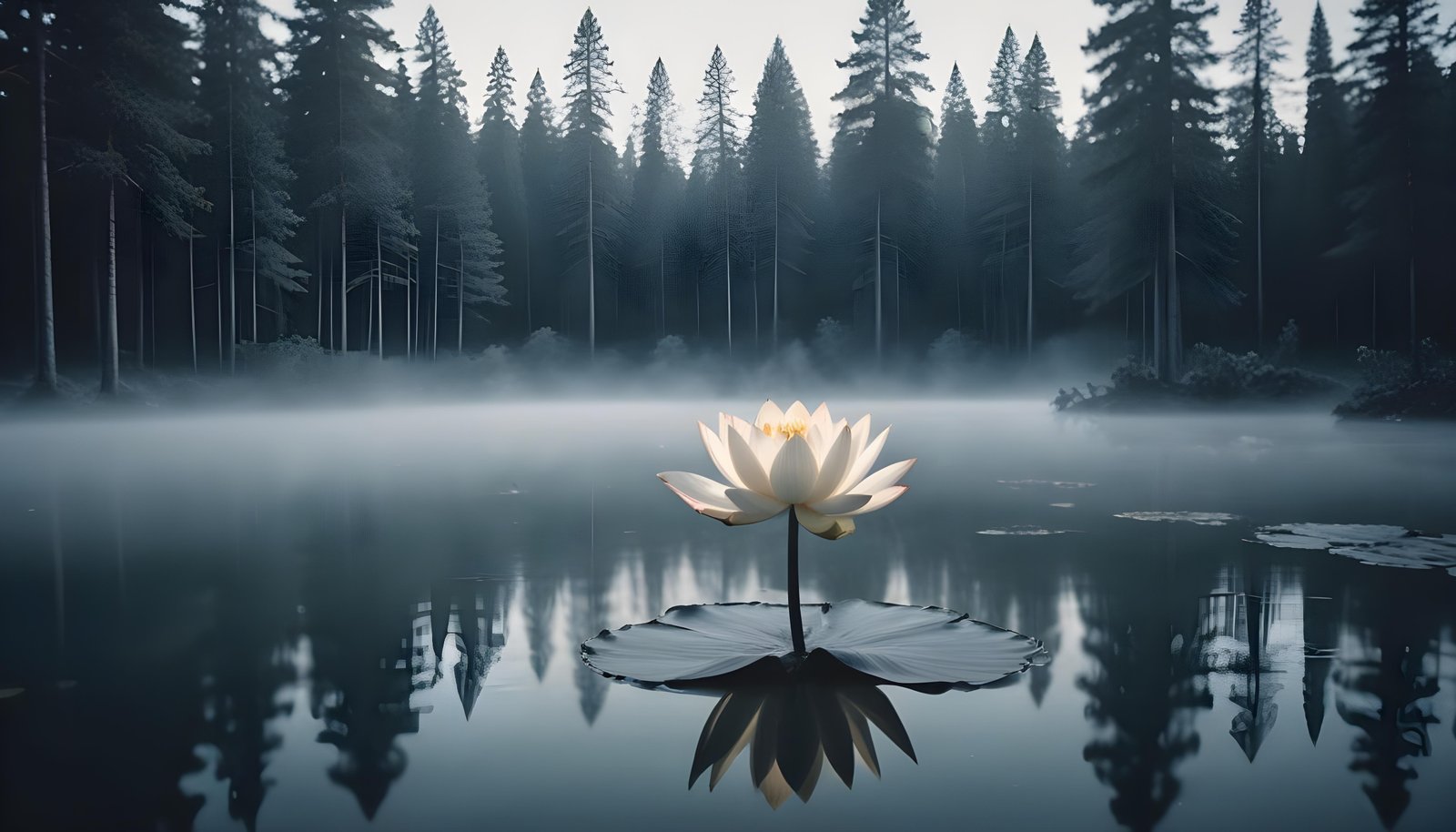 Mystical Lotus Flower on Serene Lake with Foggy Forest Landscape Background