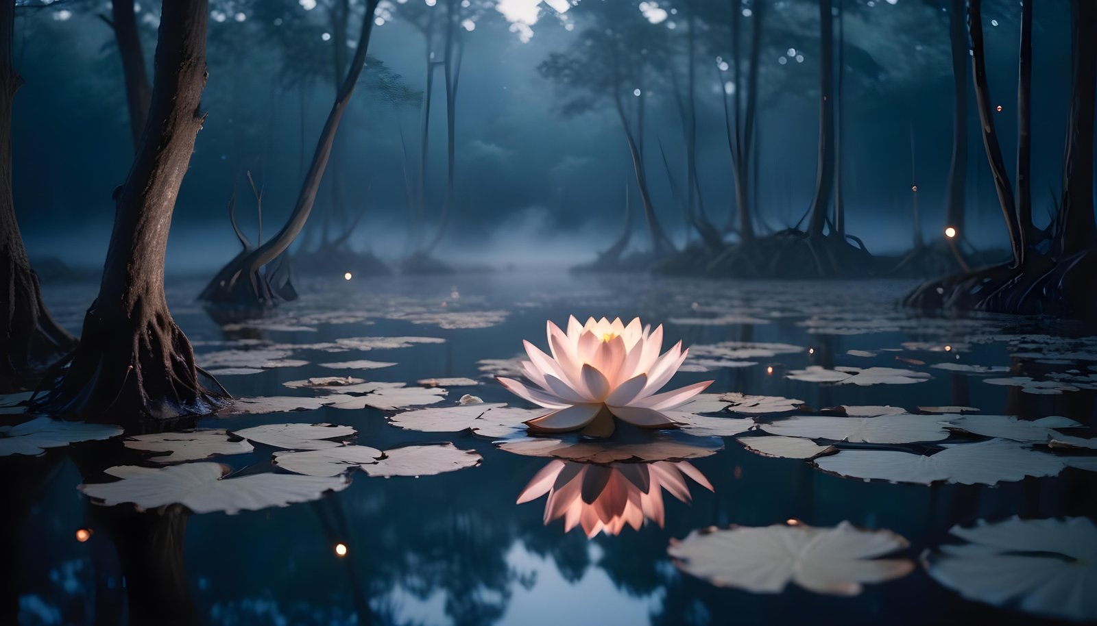 Mystical Lotus Flower on Serene Lake with Foggy Forest Landscape Background