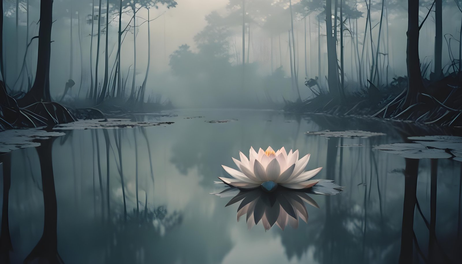 Mystical Lotus Flower on Serene Lake with Foggy Forest Landscape Background