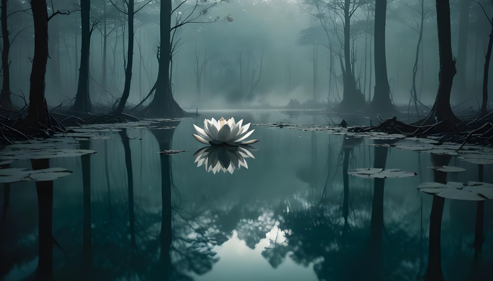 Mystical Lotus Flower on Serene Lake with Foggy Forest Landscape Background