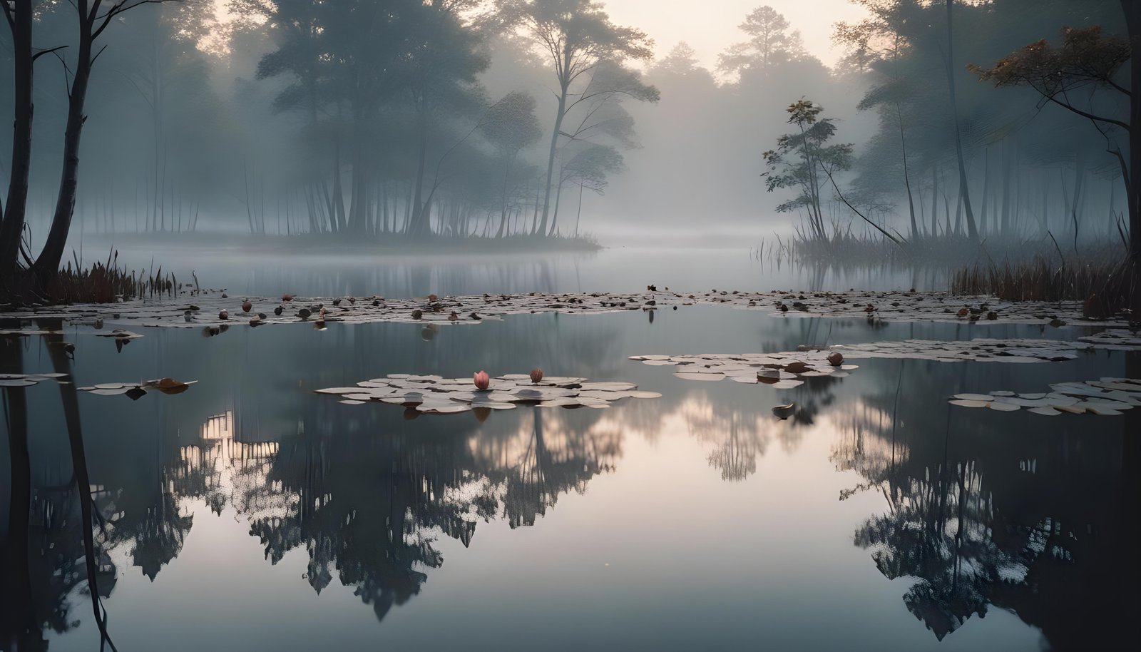 Mystical Lotus Flower on Serene Lake with Foggy Forest Landscape Background