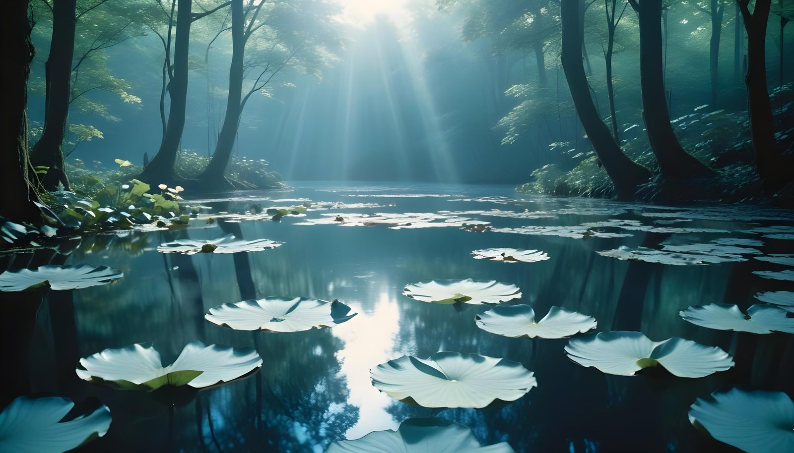 Mystical Lotus Flower on Serene Lake with Foggy Forest Landscape Background