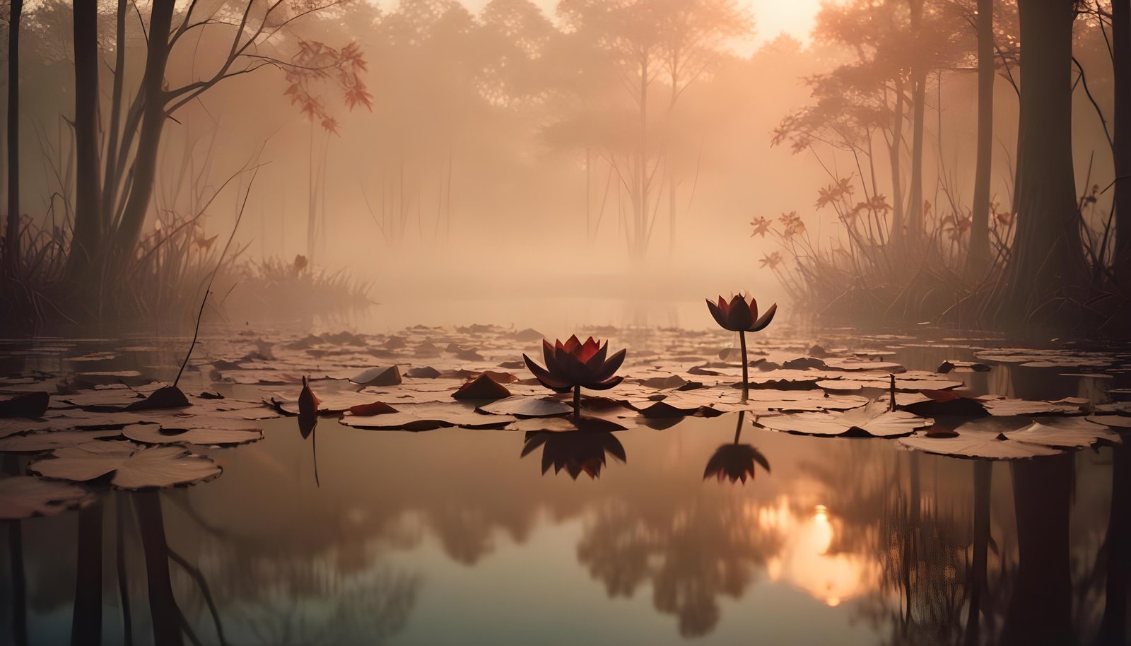 Mystical Lotus Flower on Serene Lake with Foggy Forest Landscape Background