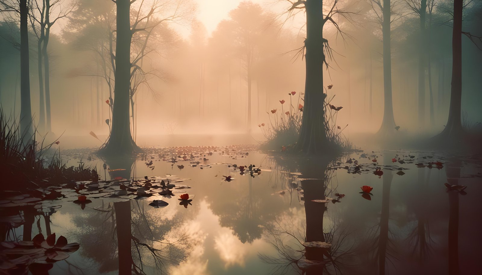 Mystical Lotus Flower on Serene Lake with Foggy Forest Landscape Background