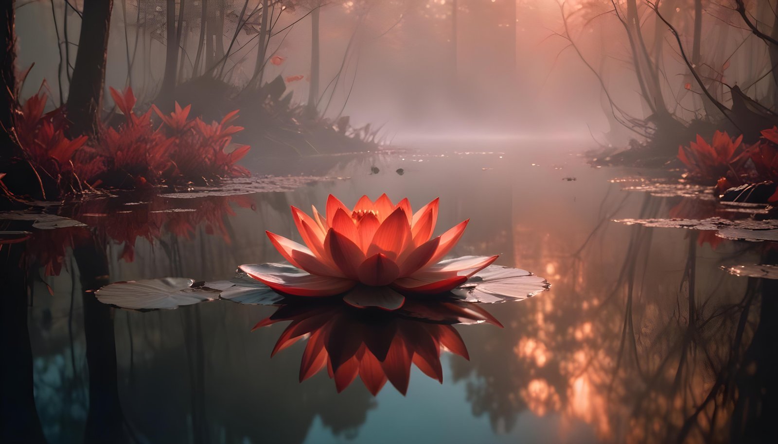 Mystical Lotus Flower on Serene Lake with Foggy Forest Landscape Background