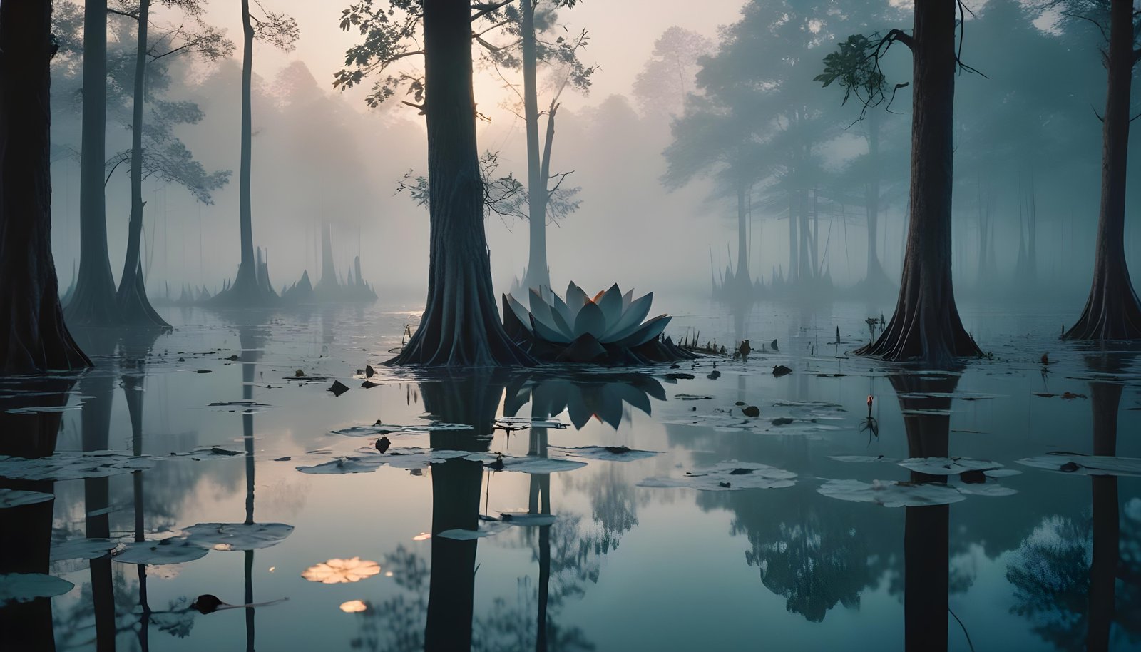 Mystical Lotus Flower on Serene Lake with Foggy Forest Landscape Background