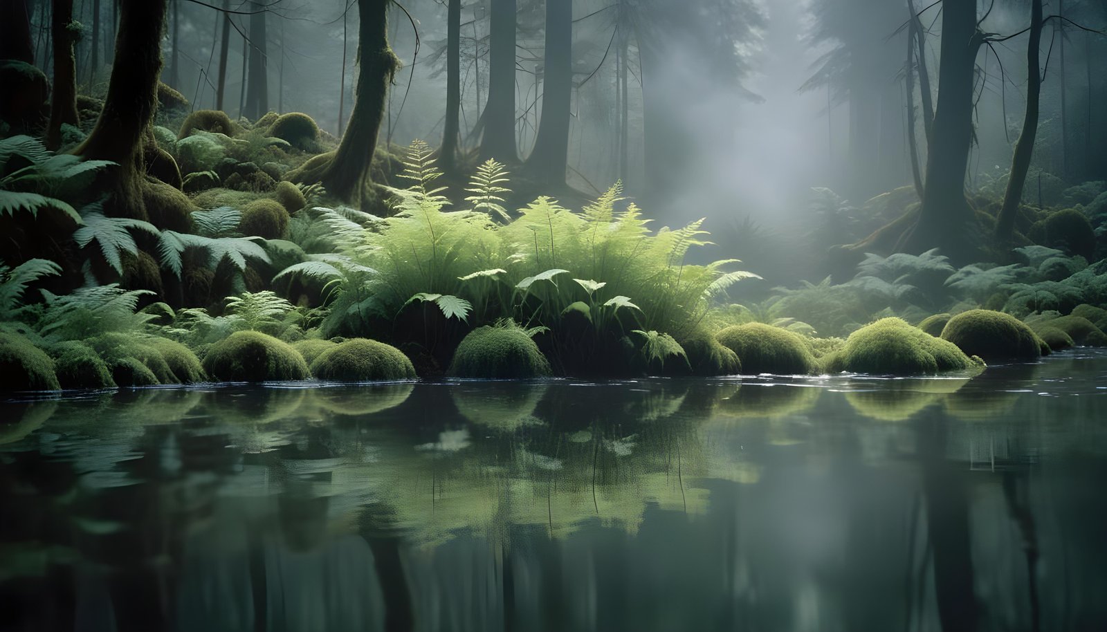 Mystical Lotus Flower on Serene Lake with Foggy Forest Landscape Background