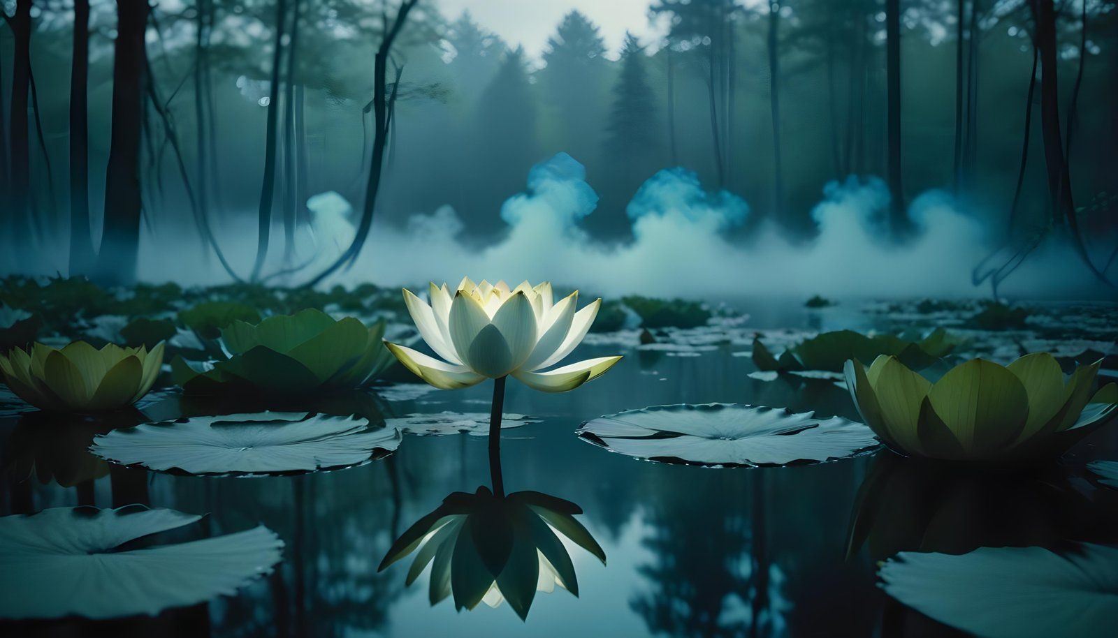 Mystical Lotus Flower on Serene Lake with Foggy Forest Landscape Background