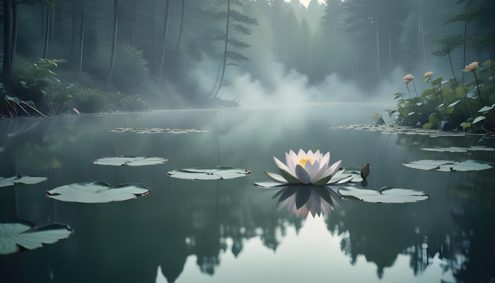 Mystical Lotus Flower on Serene Lake with Foggy Forest Landscape Background