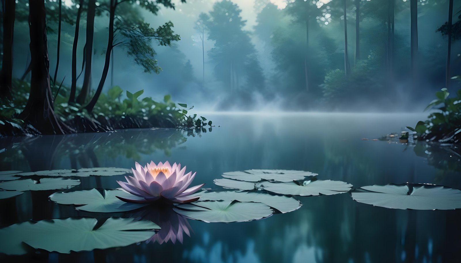 Mystical Lotus Flower on Serene Lake with Foggy Forest Landscape Background