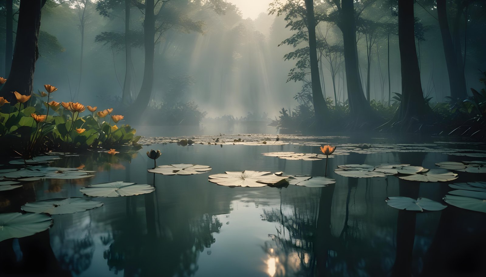 Mystical Lotus Flower on Serene Lake with Foggy Forest Landscape Background