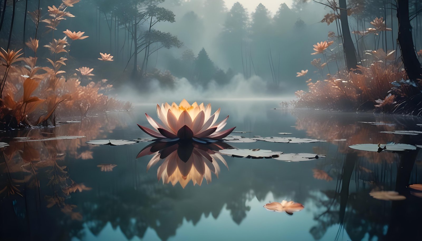 Mystical Lotus Flower on Serene Lake with Foggy Forest Landscape Background