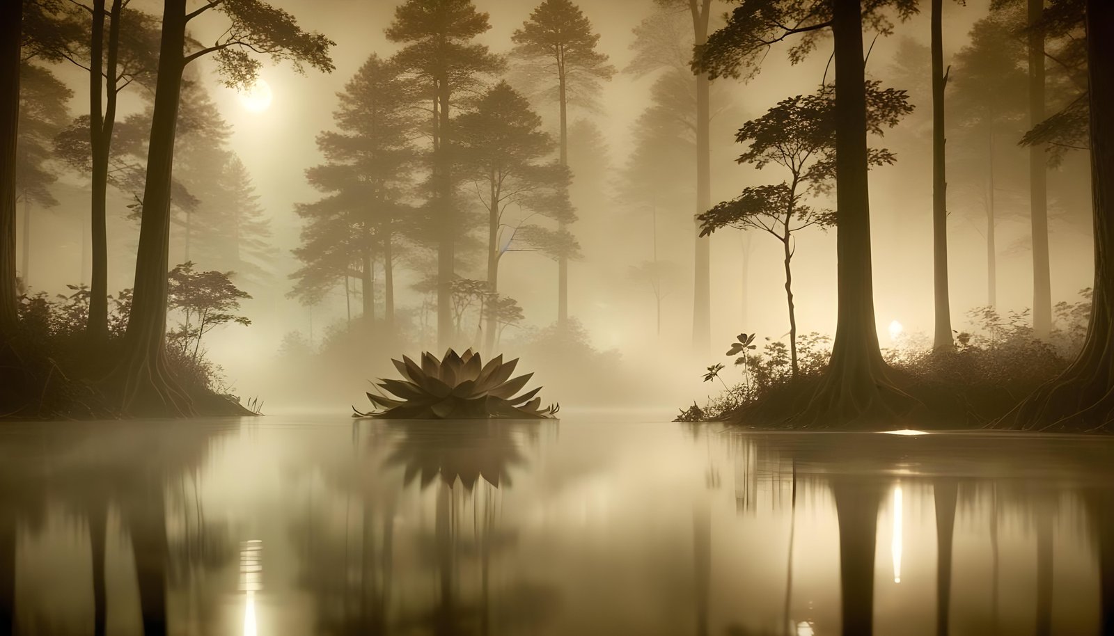 Mystical Lotus Flower on Serene Lake with Foggy Forest Landscape Background