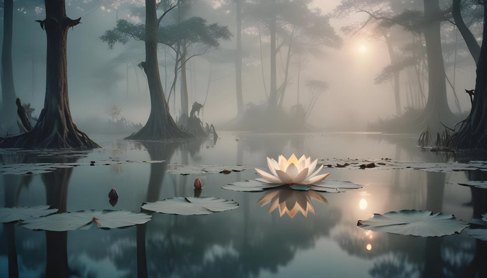 Mystical Lotus Flower on Serene Lake with Foggy Forest Landscape Background