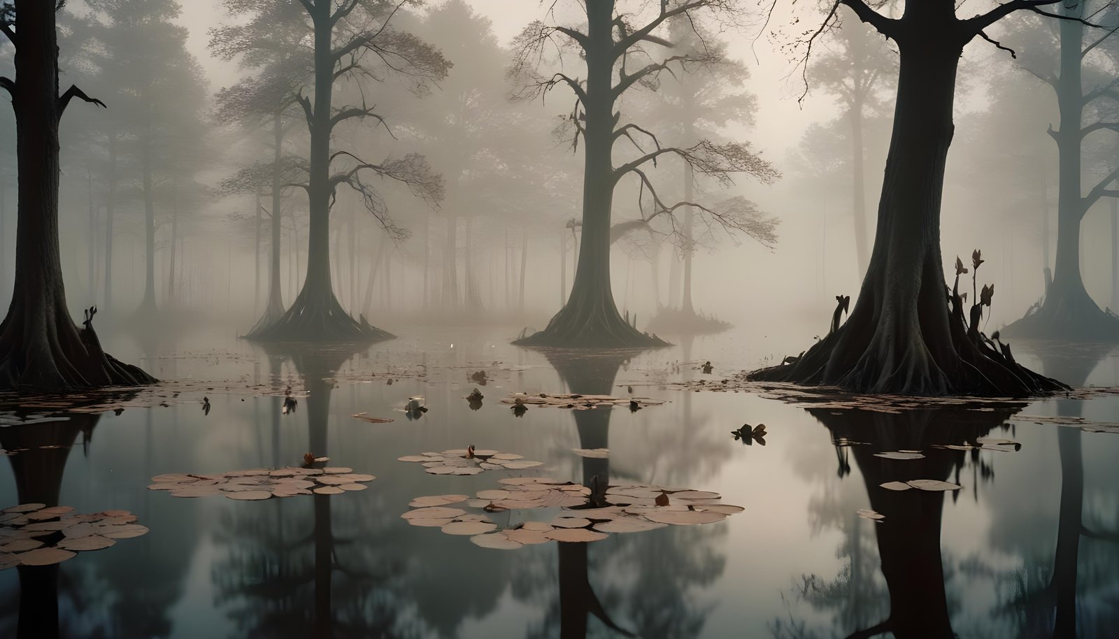Mystical Lotus Flower on Serene Lake with Foggy Forest Landscape Background