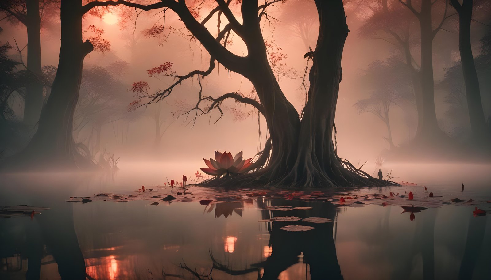 Mystical Lotus Flower on Serene Lake with Foggy Forest Landscape Background