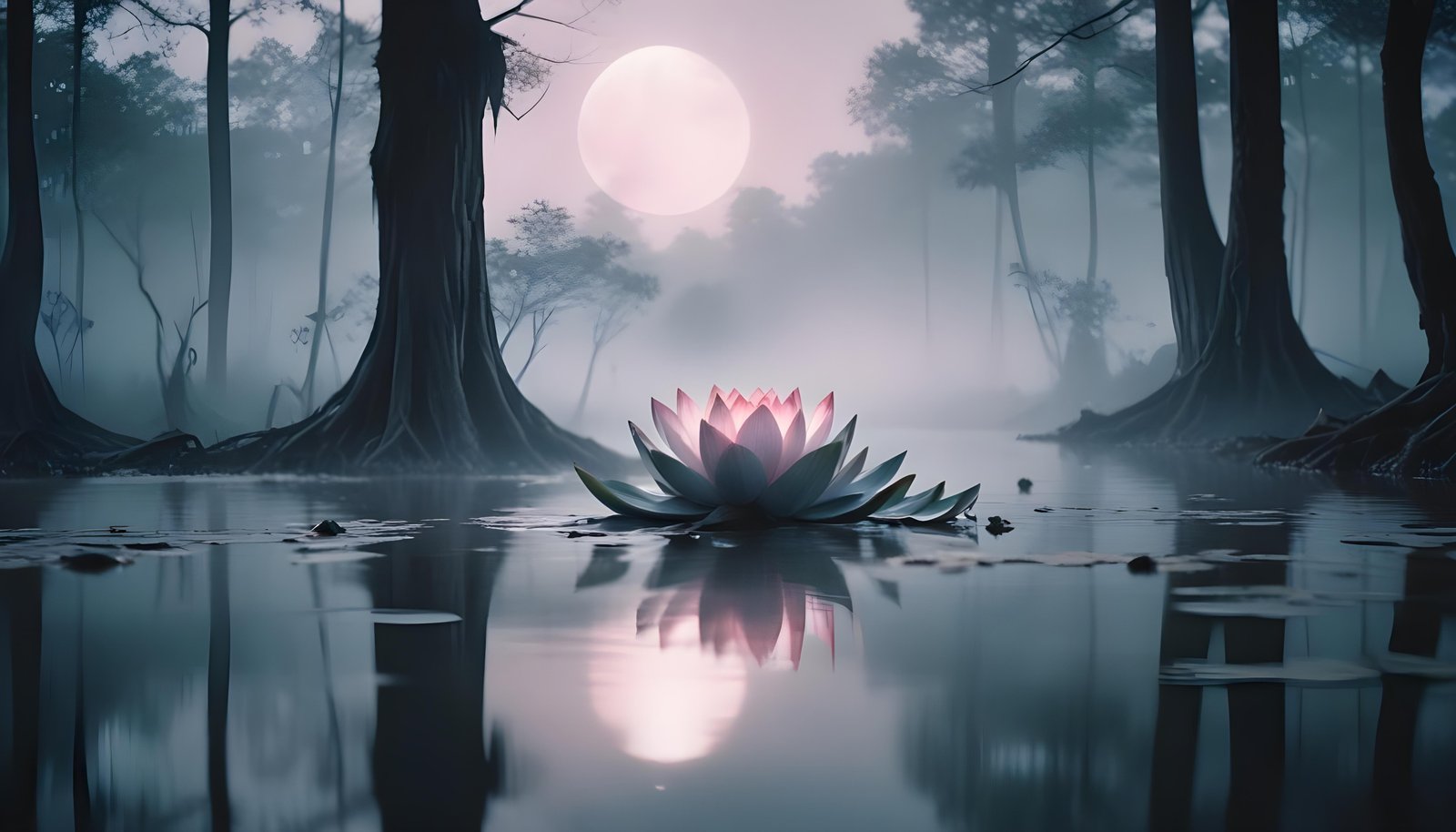 Mystical Lotus Flower on Serene Lake with Foggy Forest Landscape Background