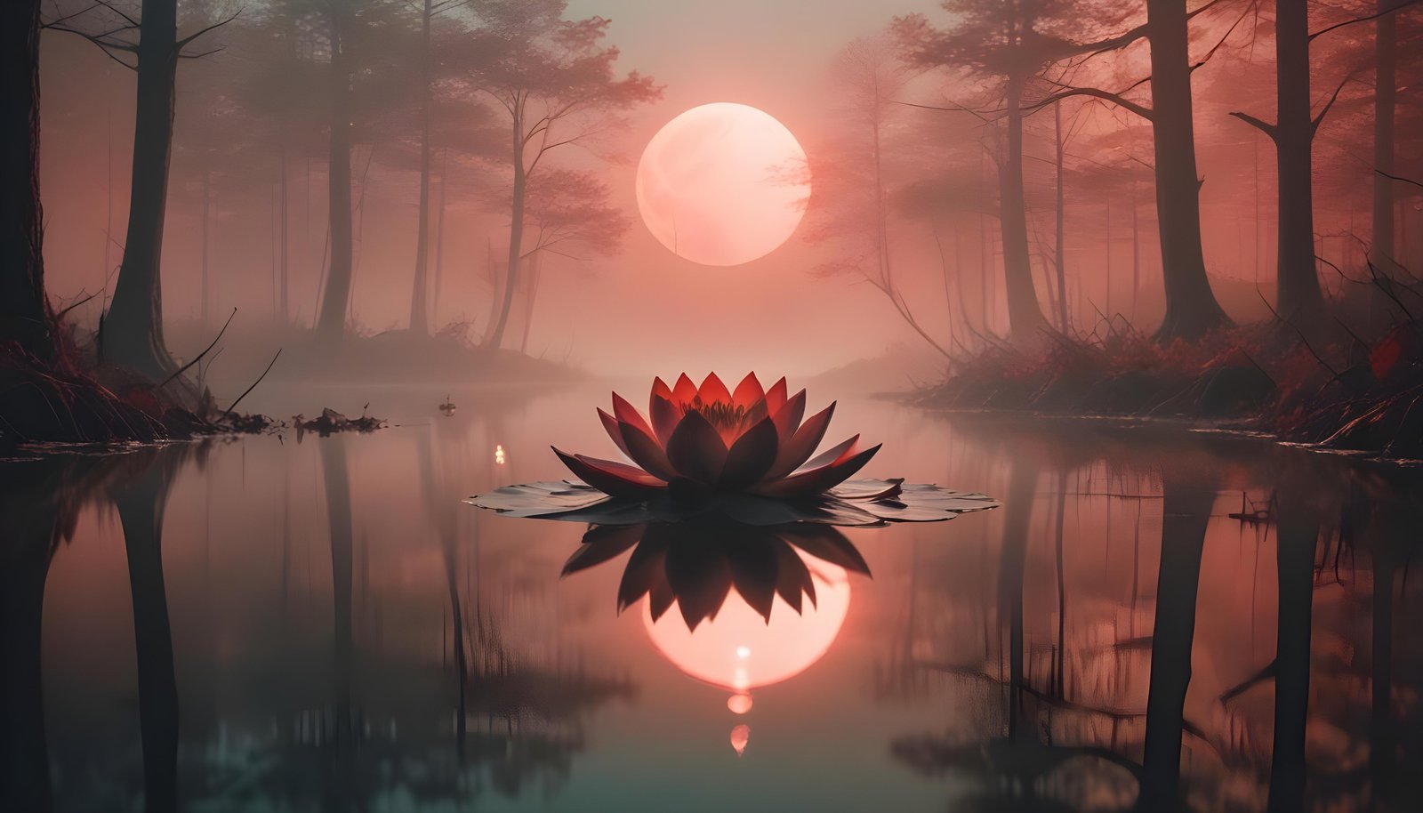 Mystical Lotus Flower on Serene Lake with Foggy Forest Landscape Background