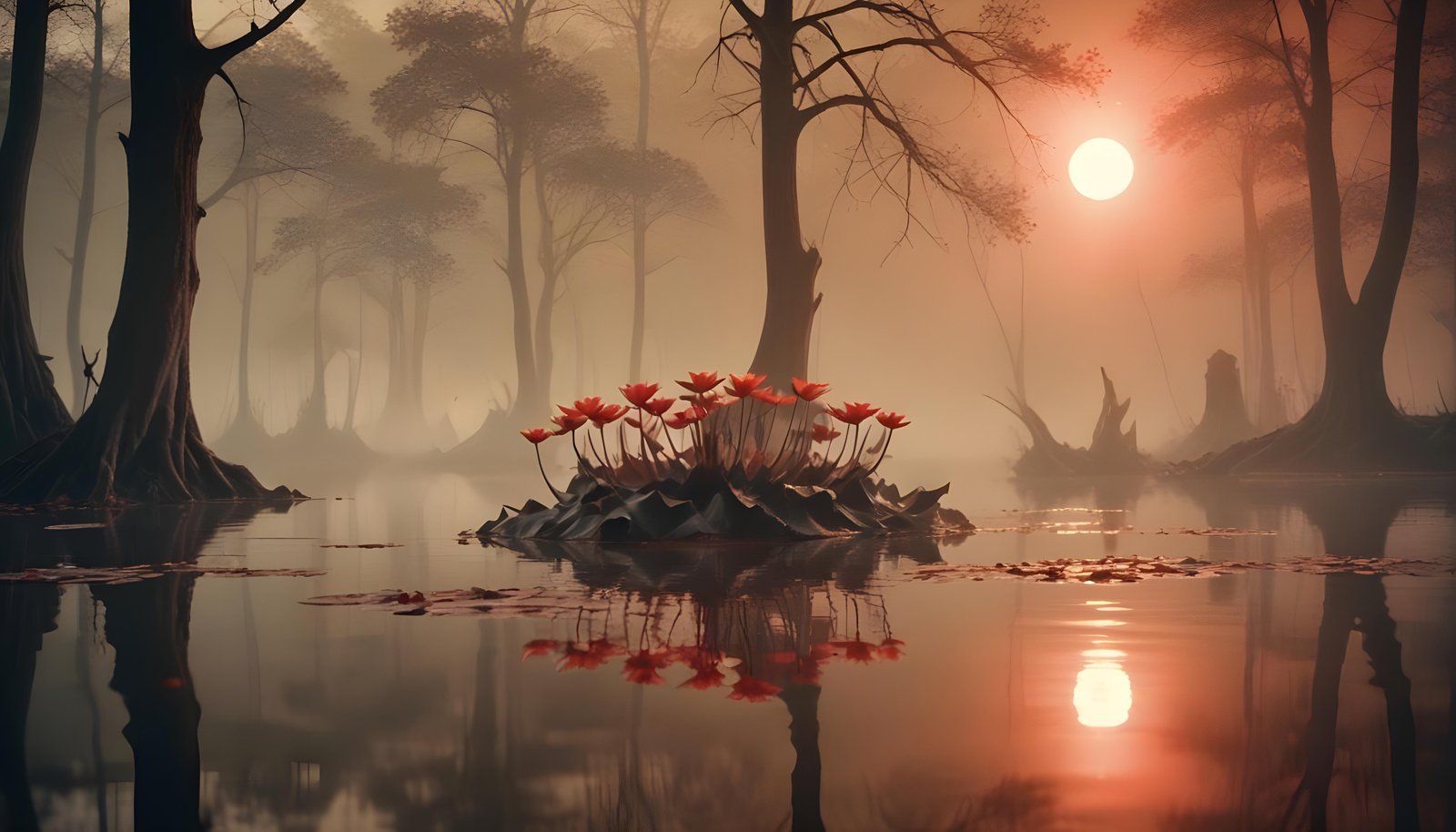 Mystical Lotus Flower on Serene Lake with Foggy Forest Landscape Background