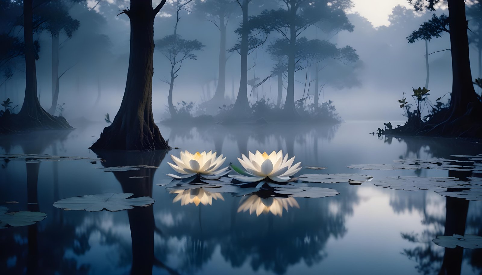 Mystical Lotus Flower on Serene Lake with Foggy Forest Landscape Background
