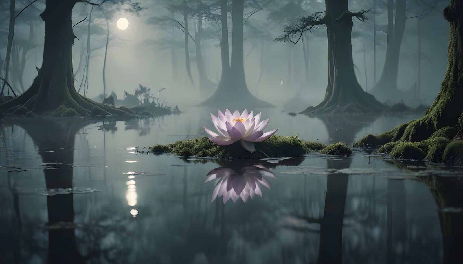 Mystical Lotus Flower on Serene Lake with Foggy Forest Landscape Background