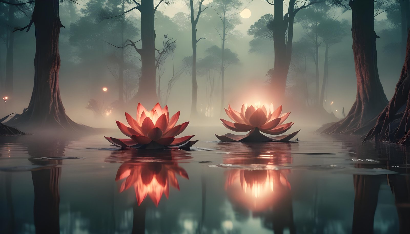 Mystical Lotus Flower on Serene Lake with Foggy Forest Landscape Background