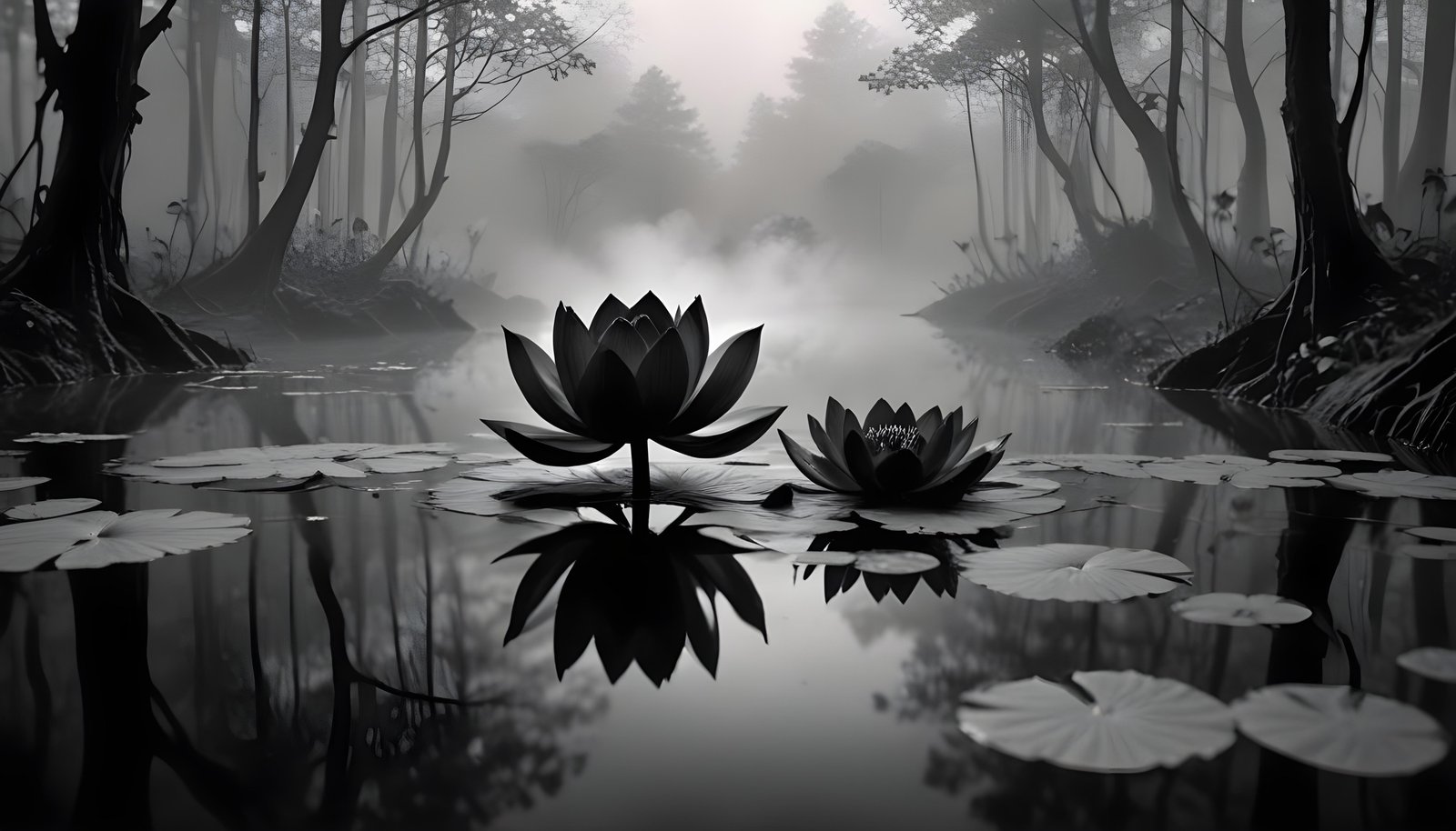 Mystical Lotus Flower on Serene Lake with Foggy Forest Landscape Background