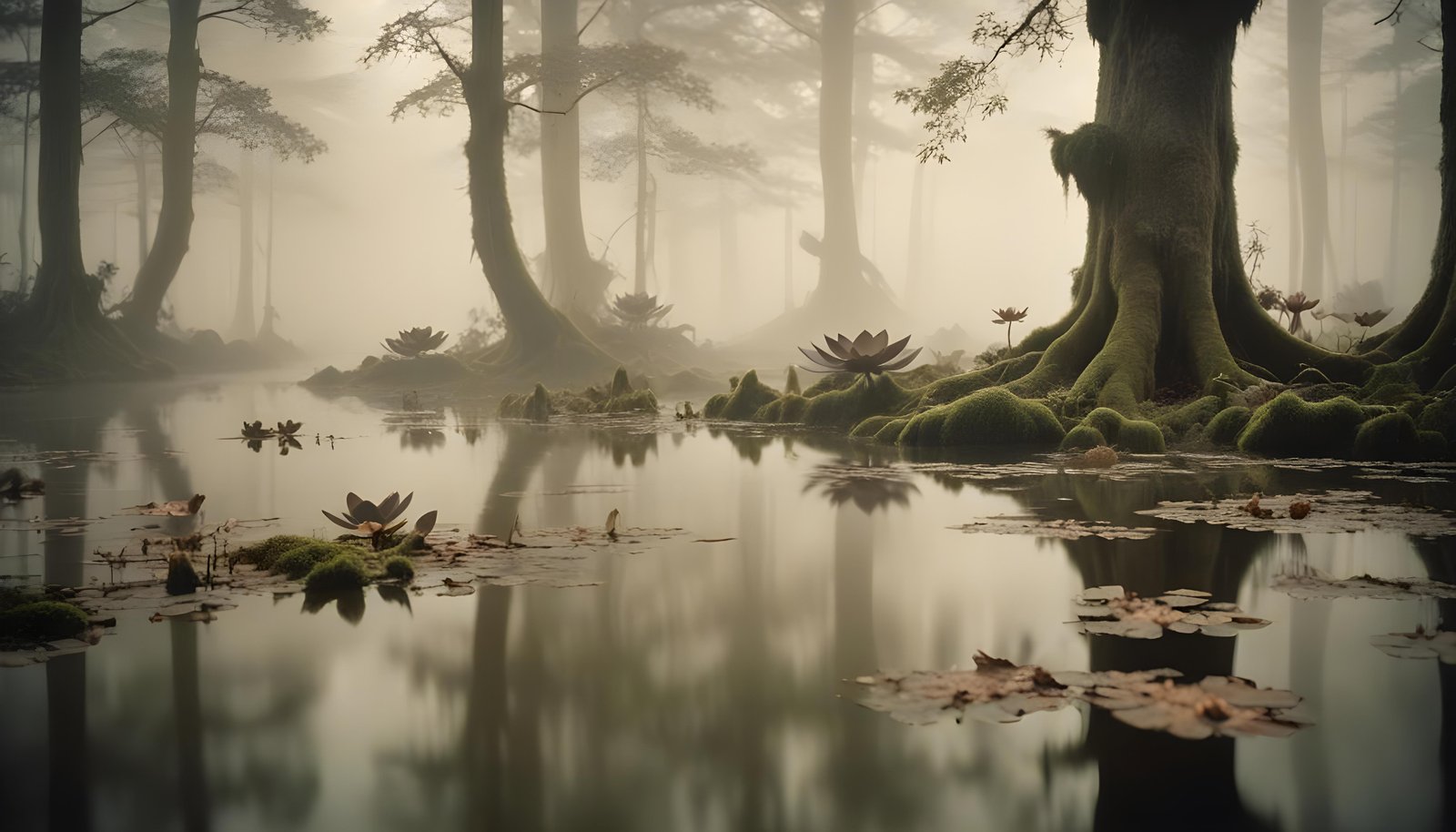 Mystical Lotus Flower on Serene Lake with Foggy Forest Landscape Background