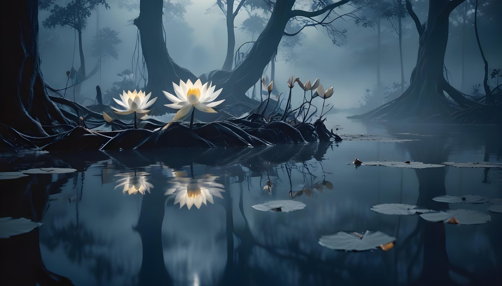 Mystical Lotus Flower on Serene Lake with Foggy Forest Landscape Background