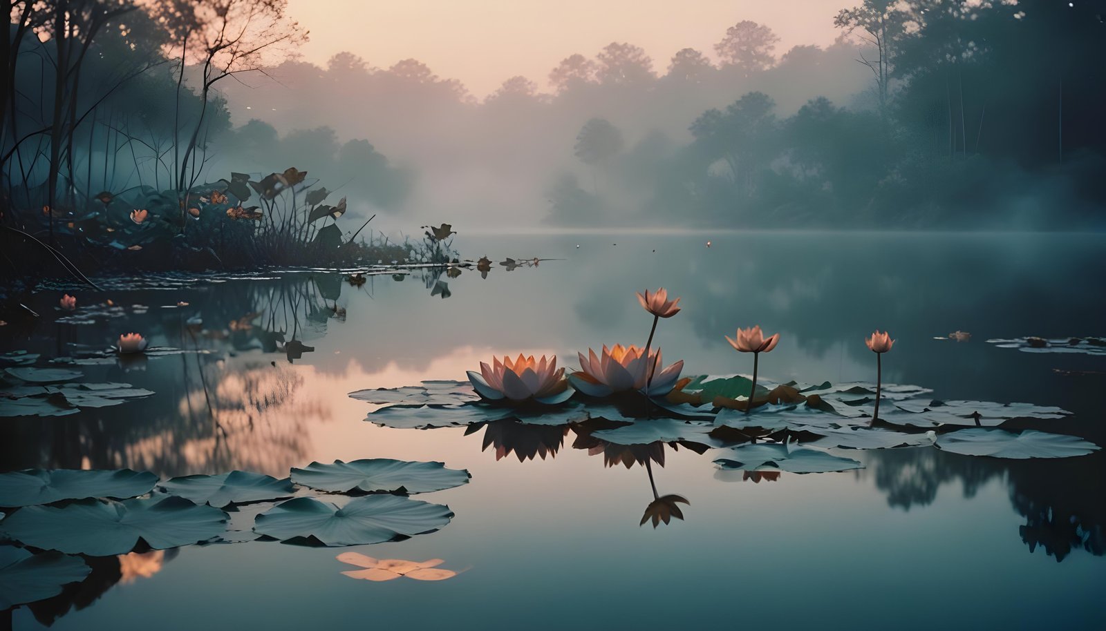 Mystical Lotus Flower on Serene Lake with Foggy Forest Landscape Background