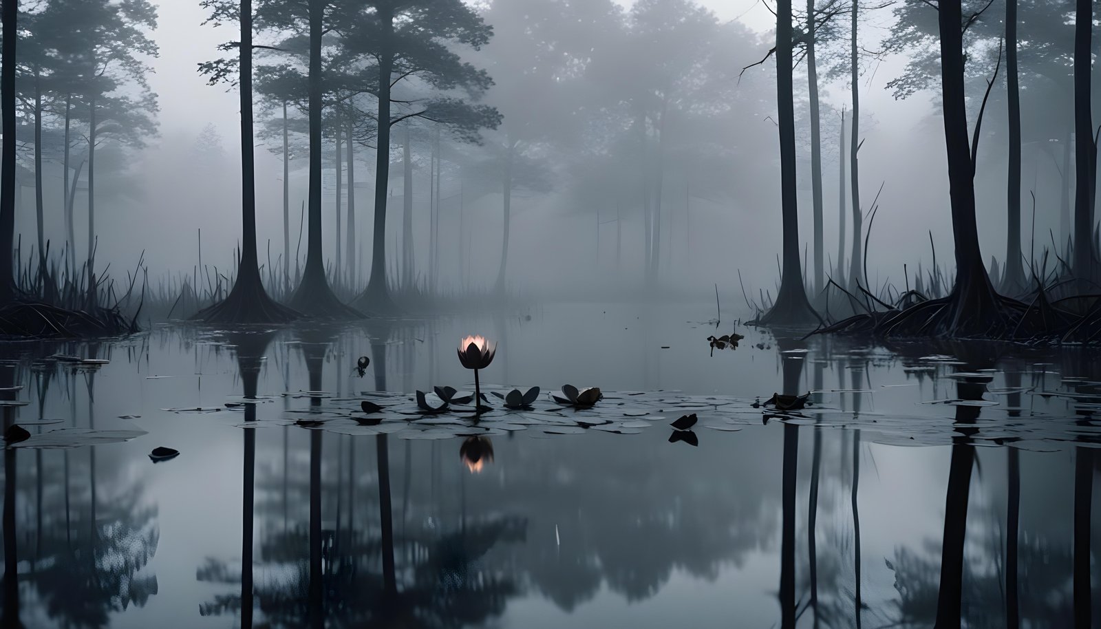 Mystical Lotus Flower on Serene Lake with Foggy Forest Landscape Background