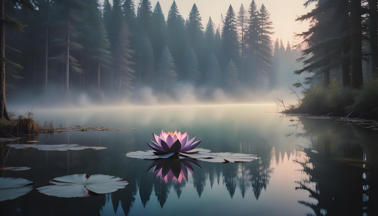 Mystical Lotus Flower on Serene Lake with Foggy Forest Landscape Background