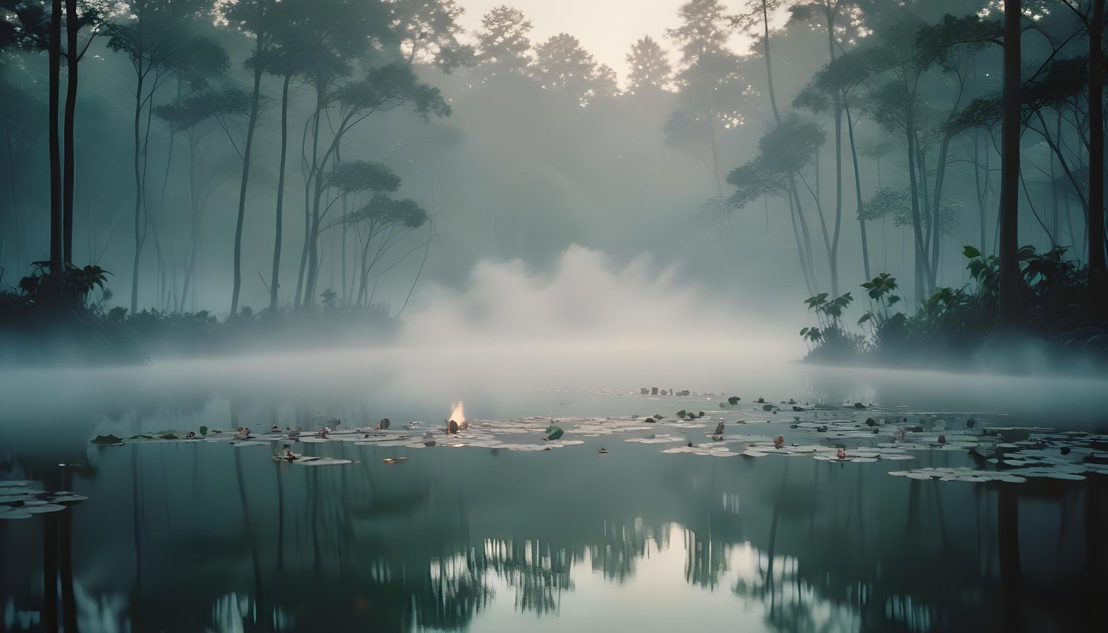 Mystical Lotus Flower on Serene Lake with Foggy Forest Landscape Background