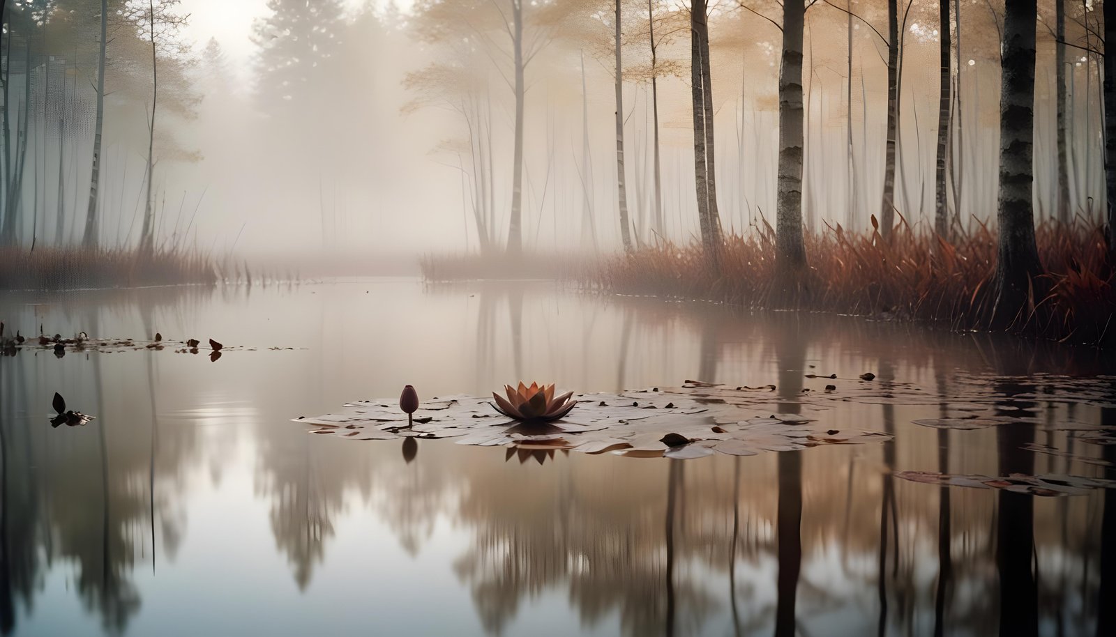 Mystical Lotus Flower on Serene Lake with Foggy Forest Landscape Background