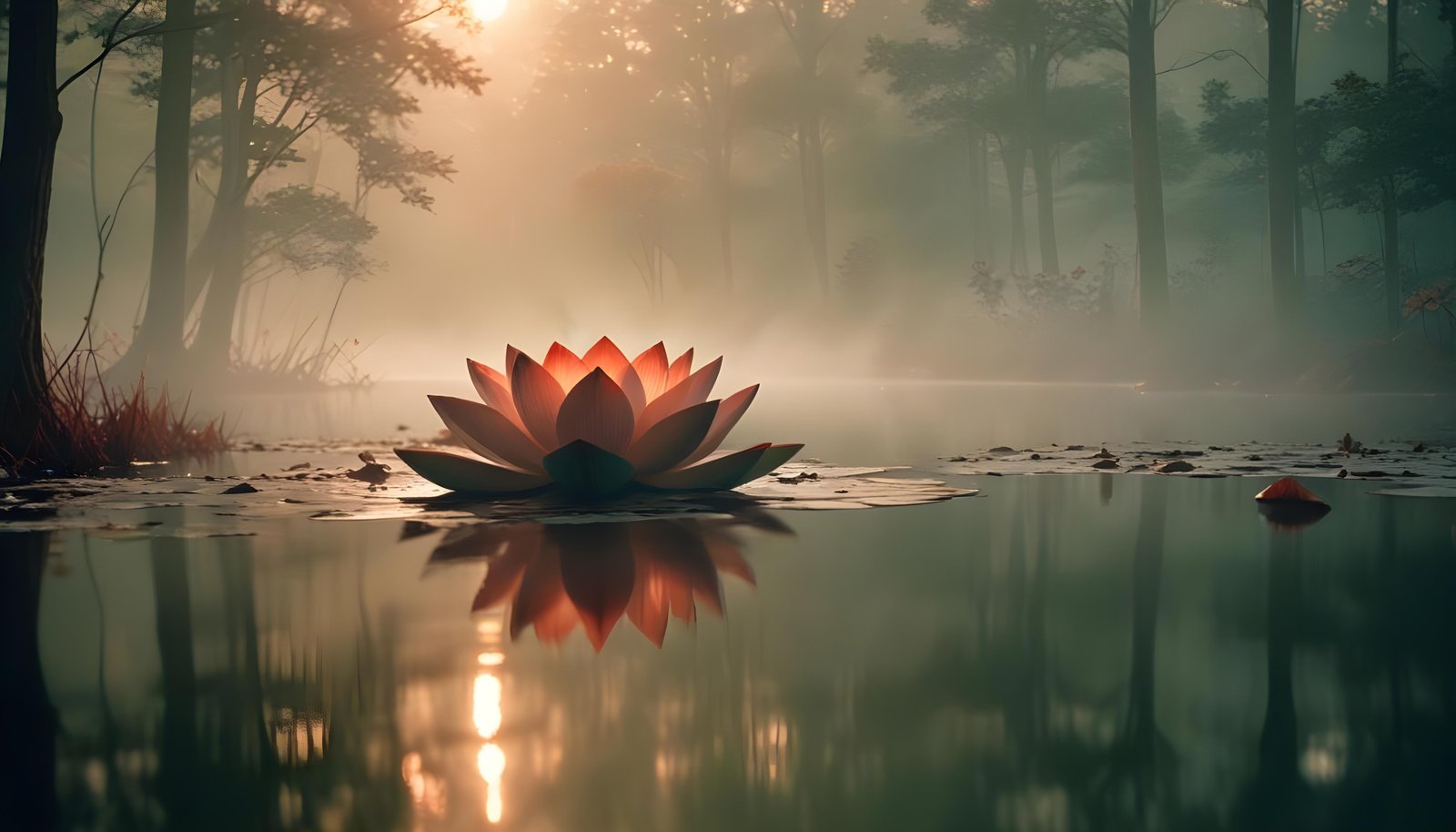 Mystical Lotus Flower on Serene Lake with Foggy Forest Landscape Background