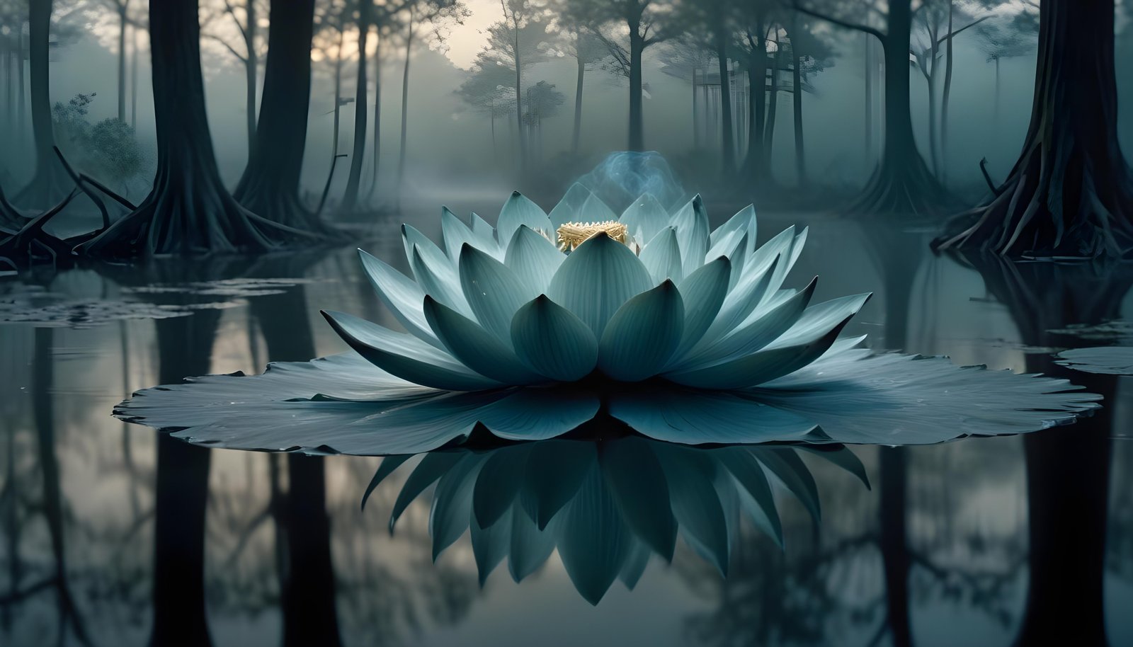 Mystical Lotus Flower on Serene Lake with Foggy Forest Landscape Background