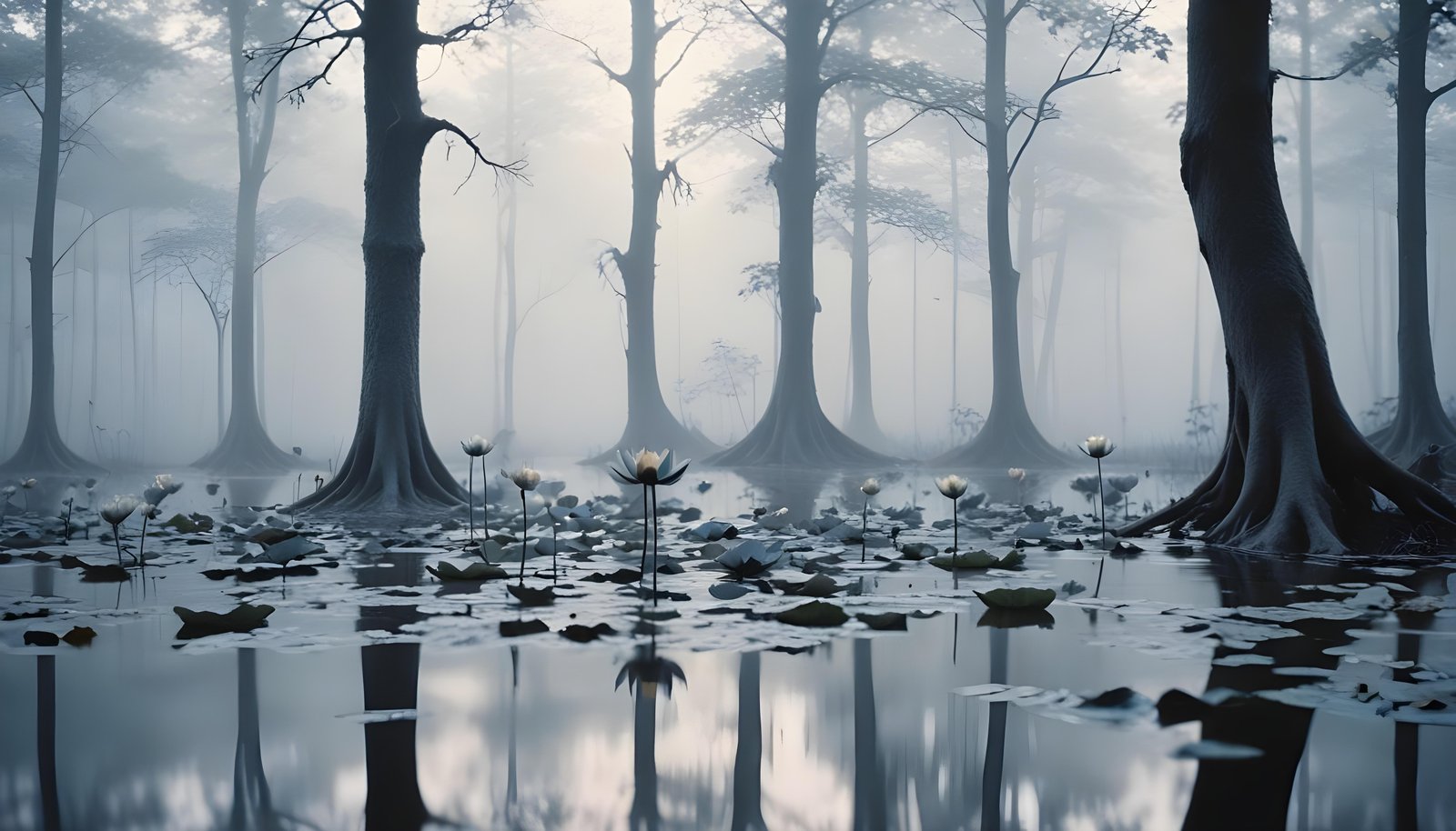 Mystical Lotus Flower on Serene Lake with Foggy Forest Landscape Background