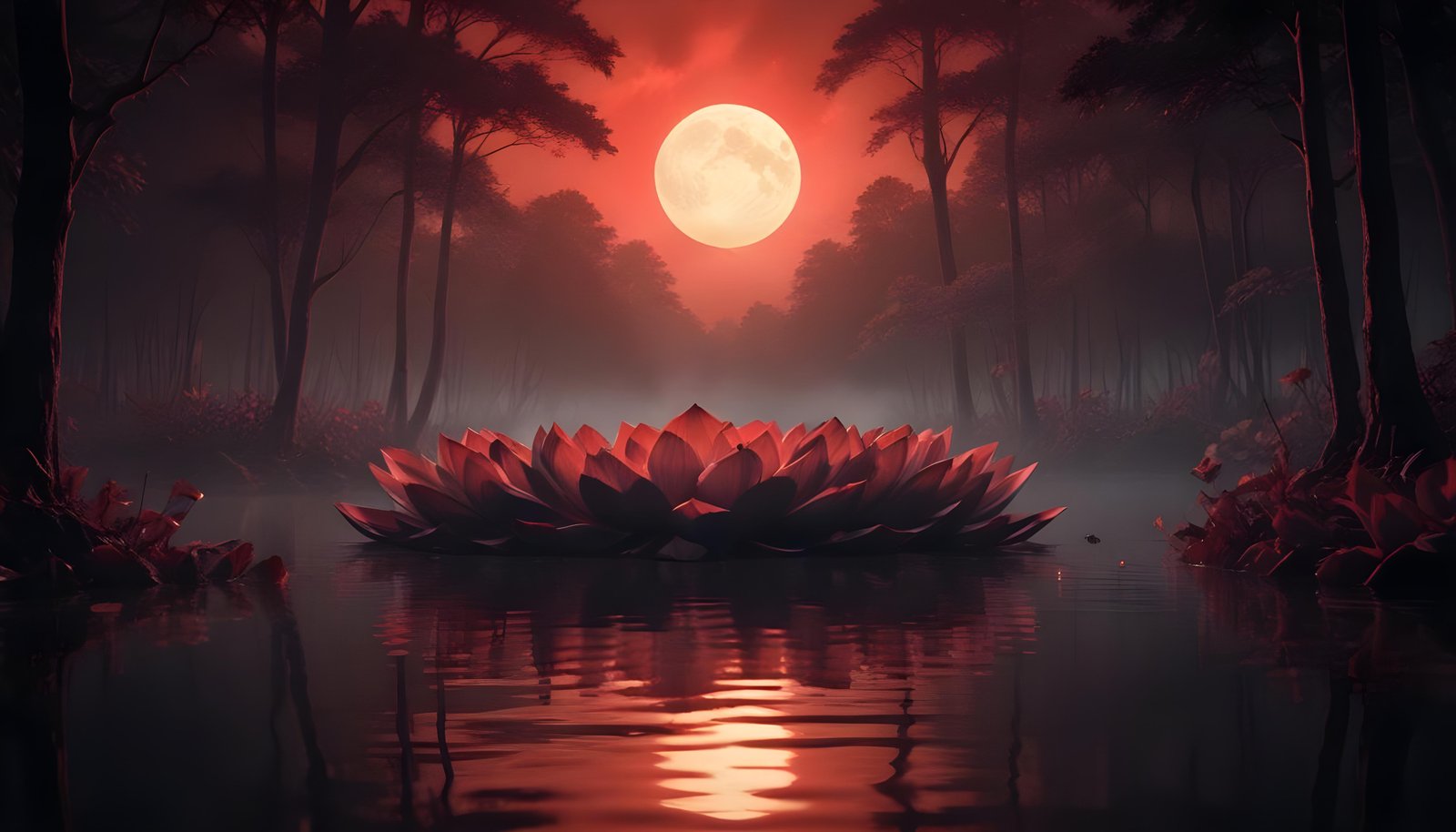 Mystical Lotus Flower on Serene Lake with Foggy Forest Landscape Background