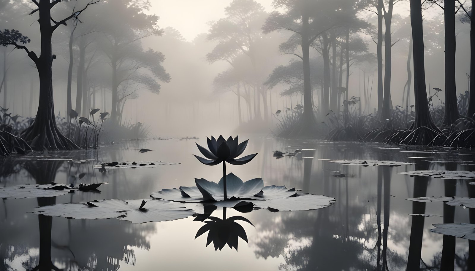 Mystical Lotus Flower on Serene Lake with Foggy Forest Landscape Background