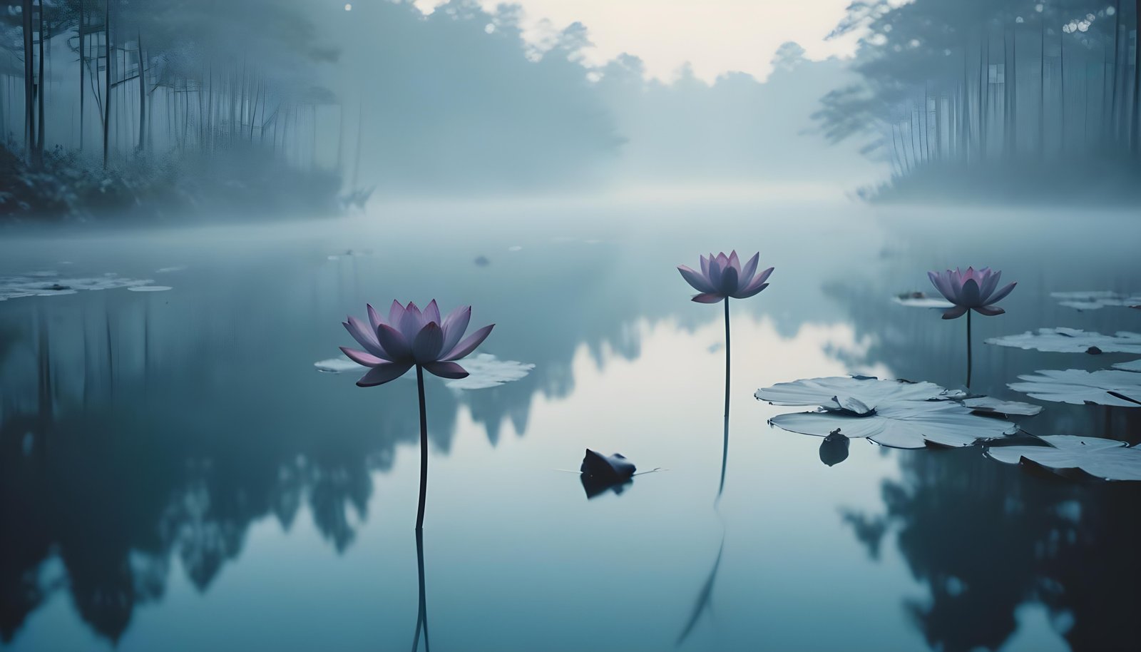 Mystical Lotus Flower on Serene Lake with Foggy Forest Landscape Background
