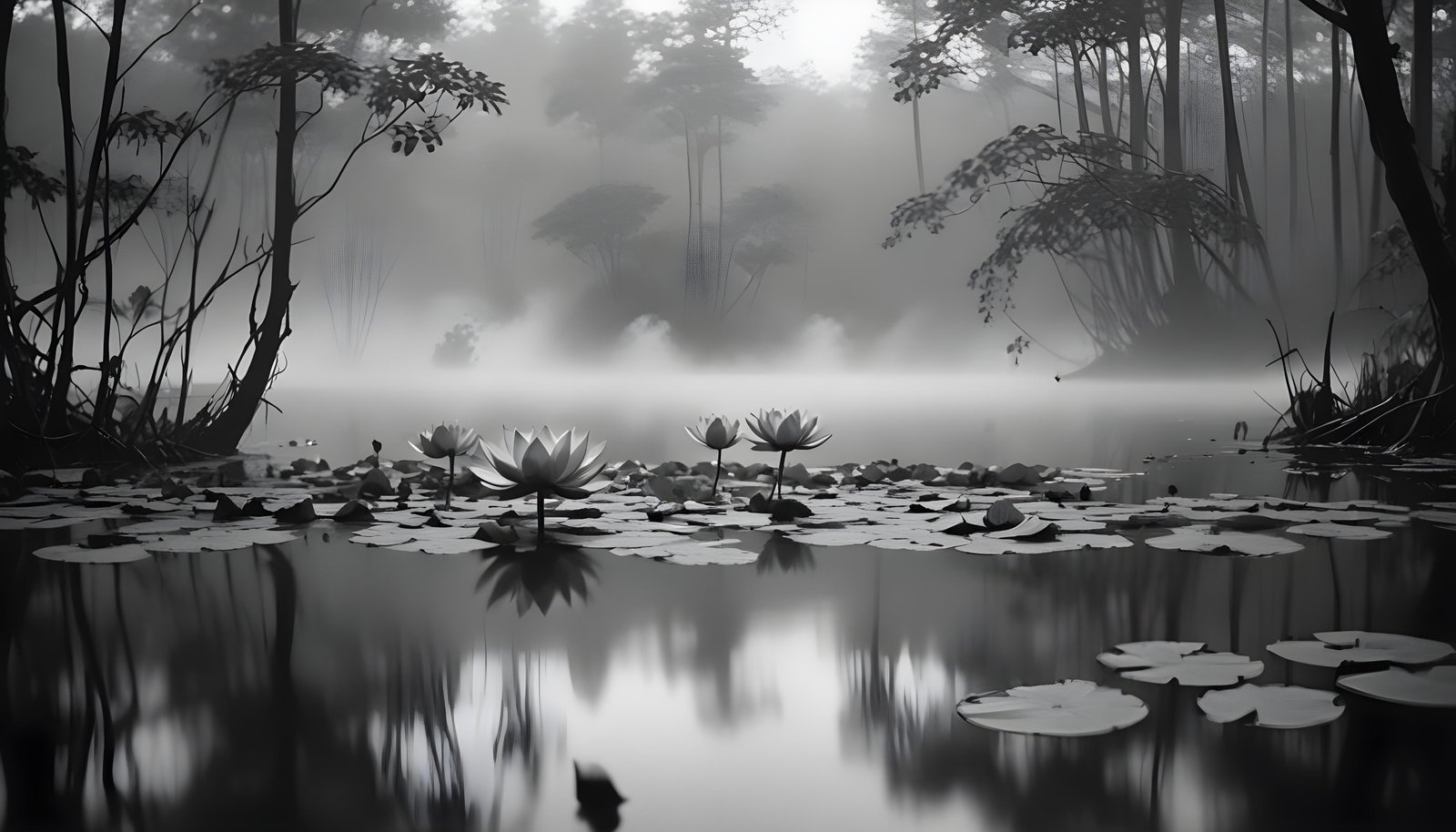 Mystical Lotus Flower on Serene Lake with Foggy Forest Landscape Background