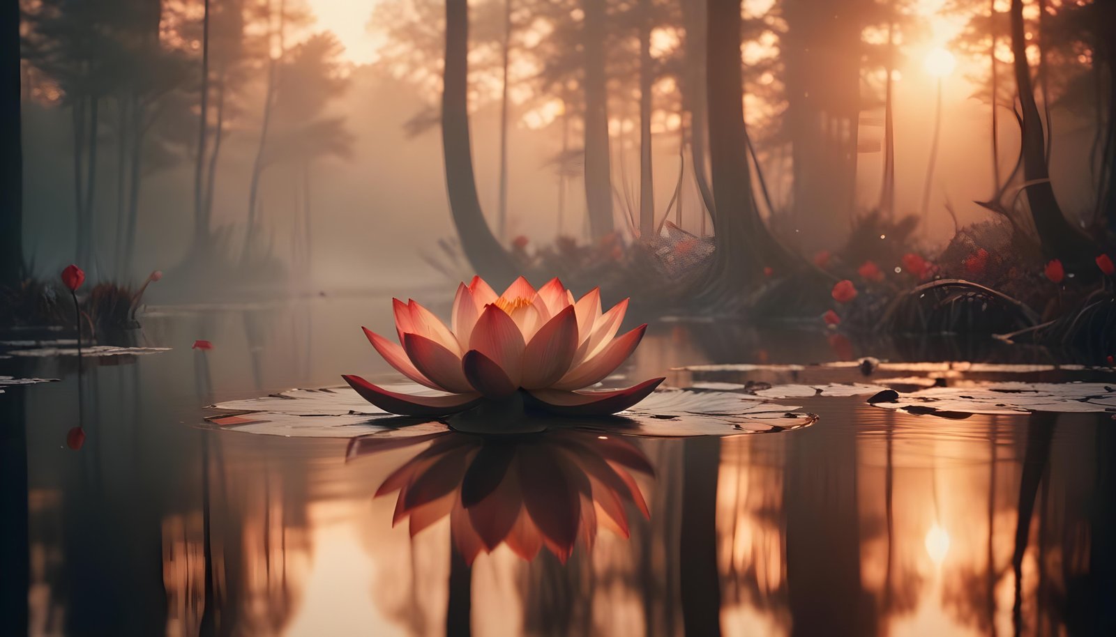 Mystical Lotus Flower on Serene Lake with Foggy Forest Landscape Background