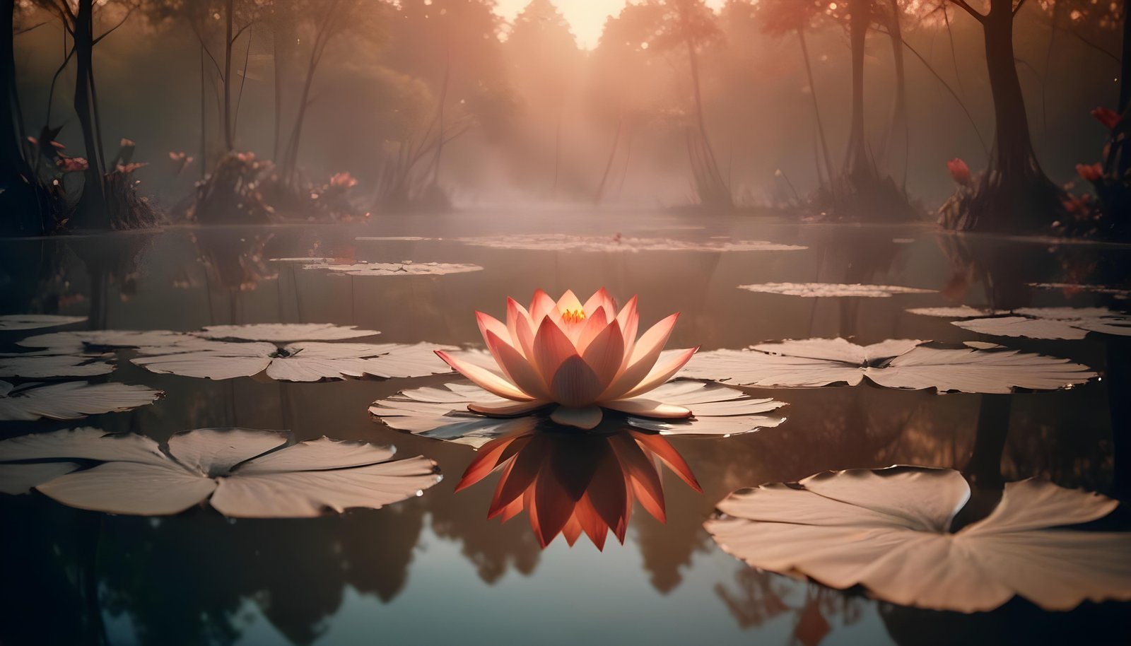Mystical Lotus Flower on Serene Lake with Foggy Forest Landscape Background